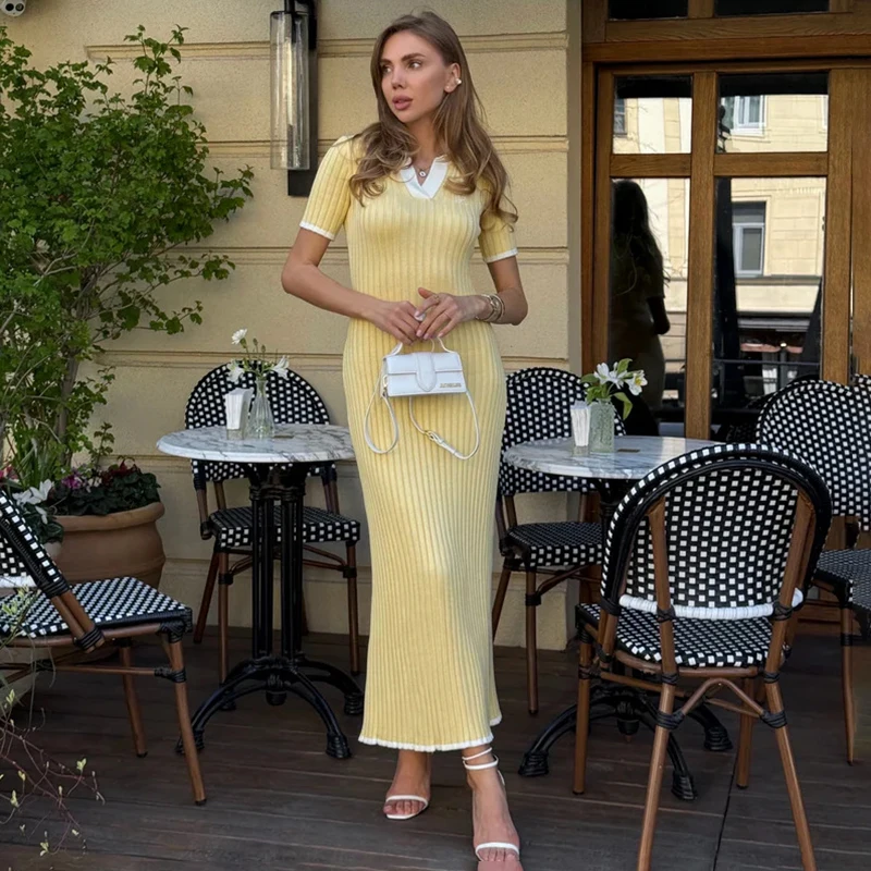 

Tornova Contrast Knitted Long Dress for Women Lapel Short Sleeve High Waist Elegant Dress Summer 2026 New Vacation Clothes Lady