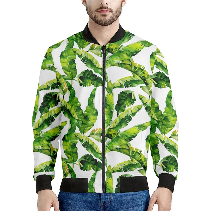 Jaqueta gráfica masculina de folhas tropicais de árvores, plantas impressas em 3D, casaco casual, moletom bombardeiro com zíper, primavera, outono