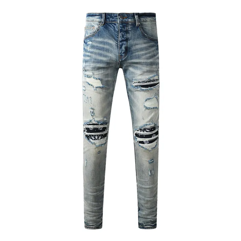 Y2K High Street Fashion New High Quality Men's Jeans Wrinkle Washed Nostalgic Perforated Light Blue Jeans Hip Hop Brand Splicing