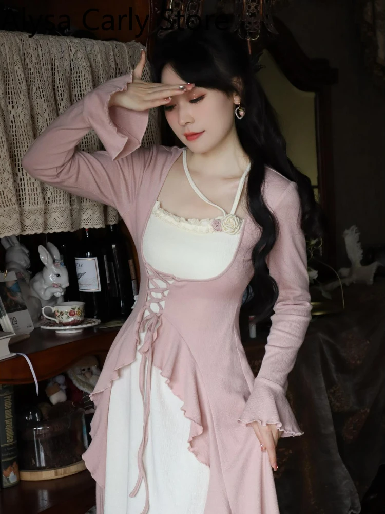 2022 Autumn Sweet Vintage Knitting Dress Women Ruffles Designer Korean Party Midi Dress Female Flare Sleeve Kawaii Elegant Dress