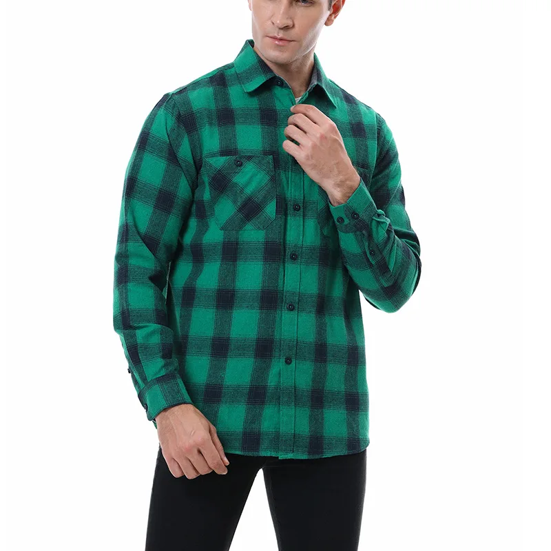 Men\'s Long Sleeve Plaid Shirt Pure Cotton Casual Front Patch Chest Pocket Regular-fit Button-down Collar Flannel Frosted Shirt