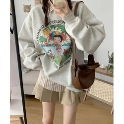 White Grey Retro Print American Cartoon Letter Cute Sweatshirt New Autumn Winter Baggy Pullover Girls' Feeling Round Neck Top