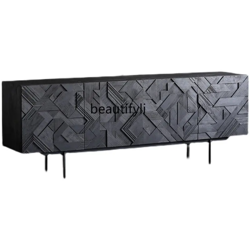 

yj Mid-Ancient Industrial Style Solid Wood Sideboard Nordic Light Luxury Handmade Carved Decoration Entrance Cabinet