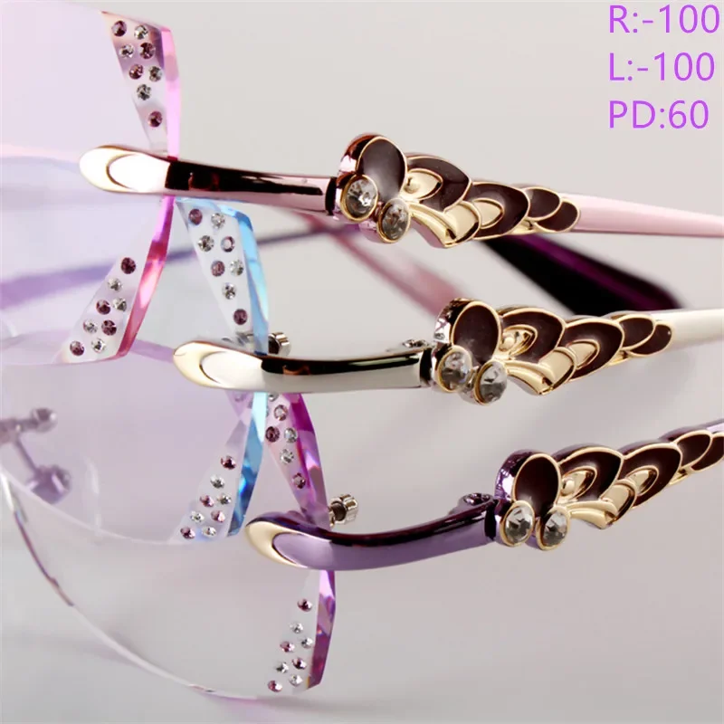 -100 +100 Female Models Diamond Reading Glasses Rimless Custom Prescription Titanium Glasses Shortsighted Farsighted Progressive