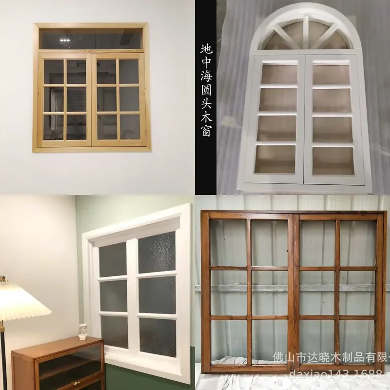 Rustic Arched Wooden Window Frame with Antique Glass Mediterranean Style for Home Renovation Pastoral Decor