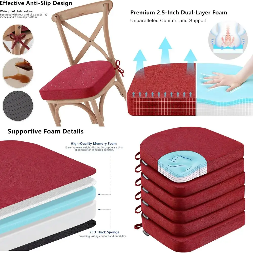 

Set of 6 Memory Foam Dining Chair Cushions, Comfortable Removable Seat Pads for Kitchen Chairs in Red (6 Pieces)