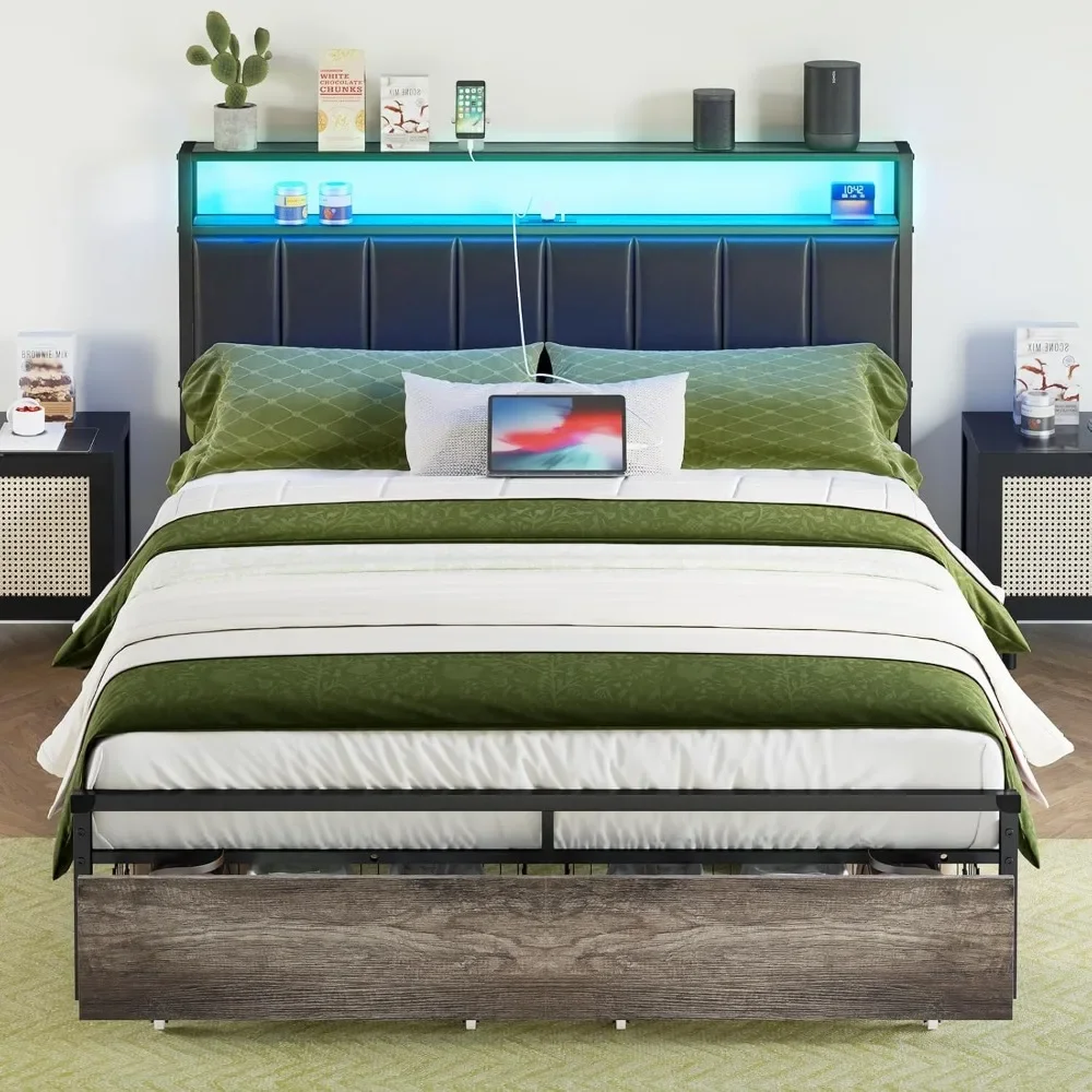 Bed frame with drawers, full platform bed frame with 2 layers of storage, charging headboard, no need for spring mattresses