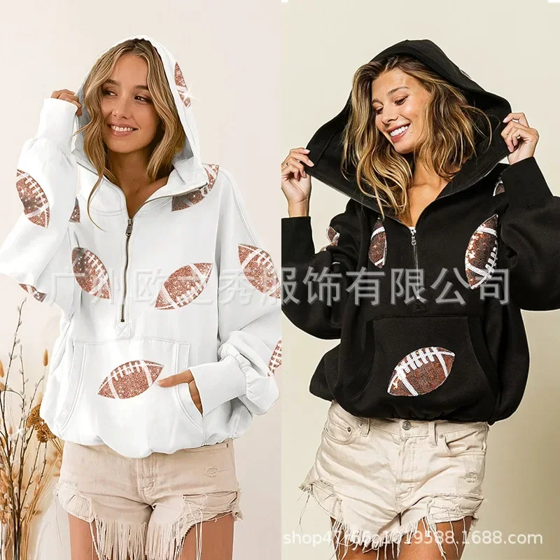 

Sweatshirts Women Tops Print Sequin Hoodies Zipper Top Casual Regular Pockets Elegant Splice Drawstring Sweatshirt Autumn 2024