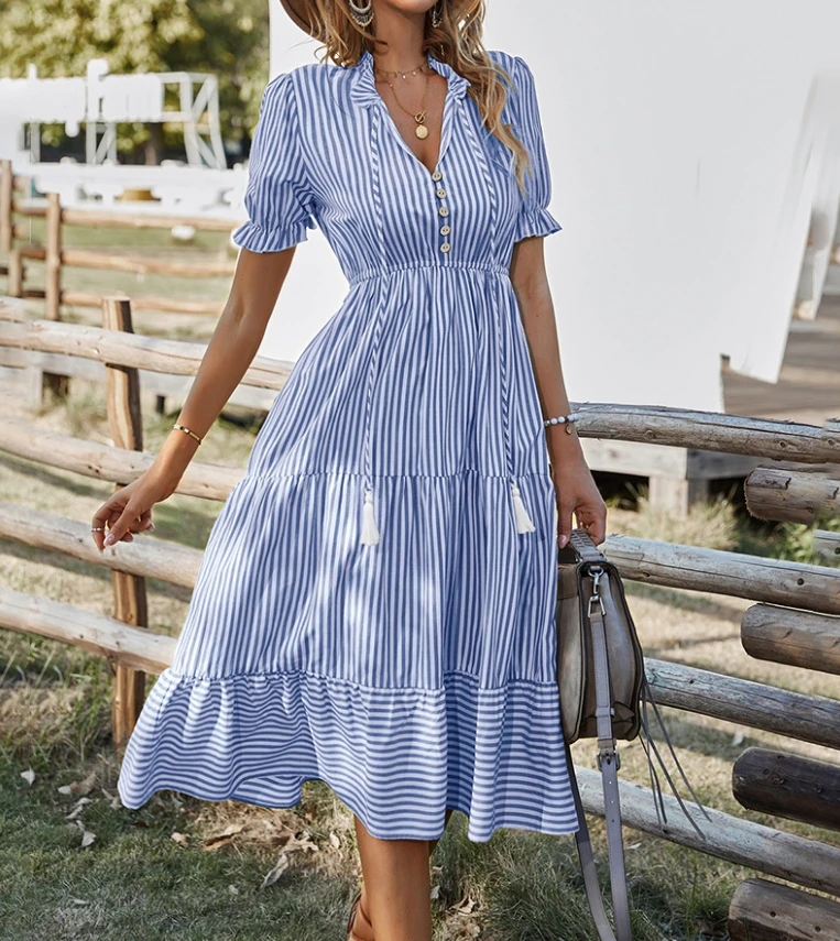 

Elegant Party Dresses Women Autumn Vacation Striped V-Neck High Waisted Short Sleeved A-Line Dresses Sexy Women's Midi Dresses