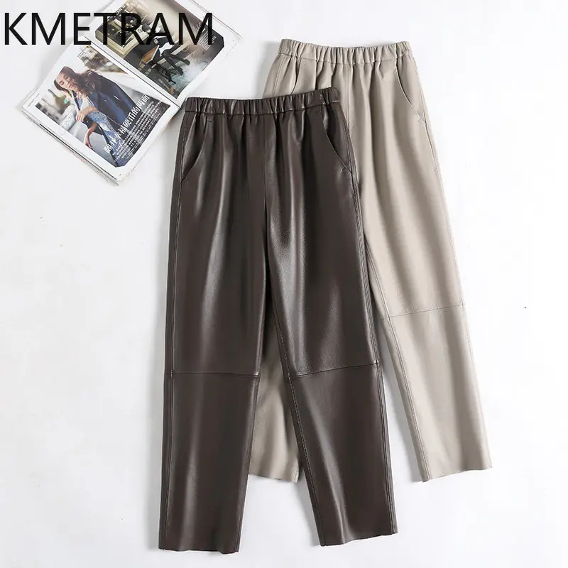 KMETRAM Uncoated Sheepskin Genuine Leather Pants Slim Harem Pants for Woman High Waist  Ankle-Length Trousers Spring Pantalones