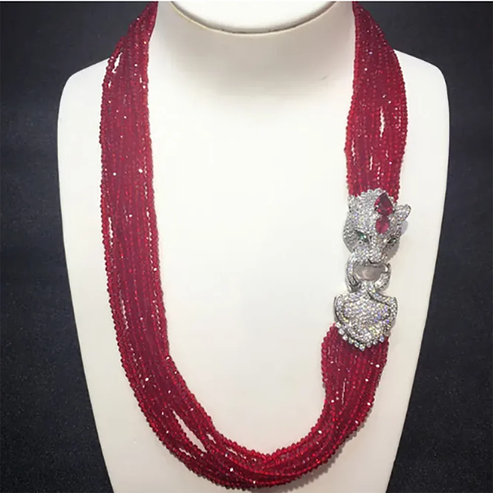 Women's fashion Leopard head clasp DIY accessory red glass crystal necklace welcome custom colors fashion jewelry