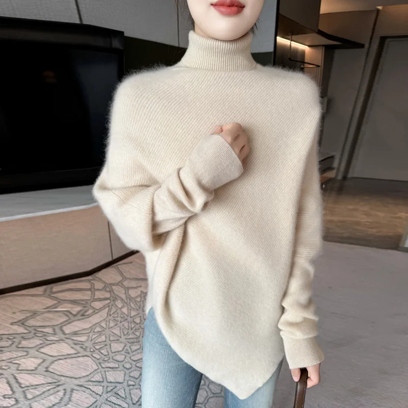 Fashionable Irregular Wool Sweater Women's Long Sleeved High Neck Pullover AutumnWinter Solid Color100%Merino Wool Knit Jumper