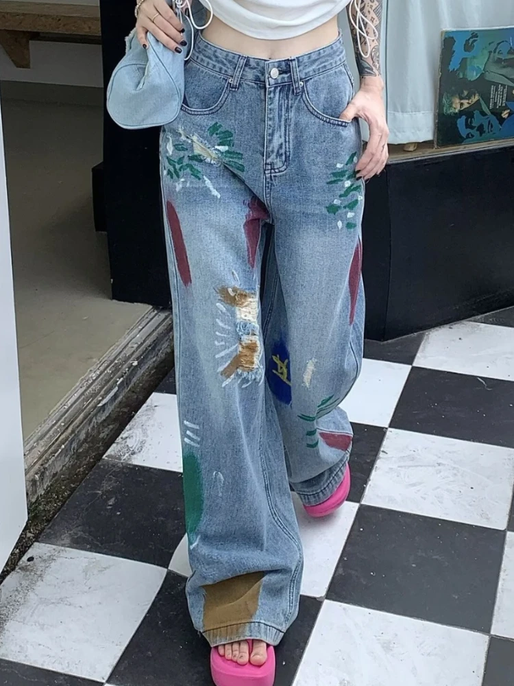 Men's Tie Dye Jeans Graffiti Streetwear Wide Leg Denim Pants Vintage Hop Baggy Straight Trousers Loose Grunge Y2k