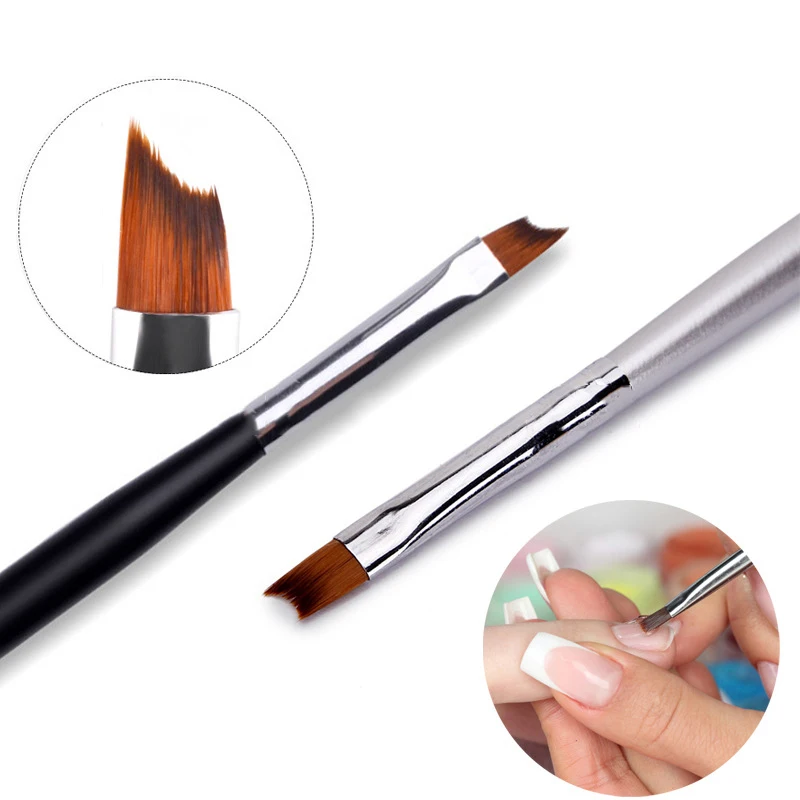 【French Oblique Tip Nail Brush Half Moon UV Gel Nail Acrylic Painting Drawing Liner Pen Silver Black Handle Manicure DIY】