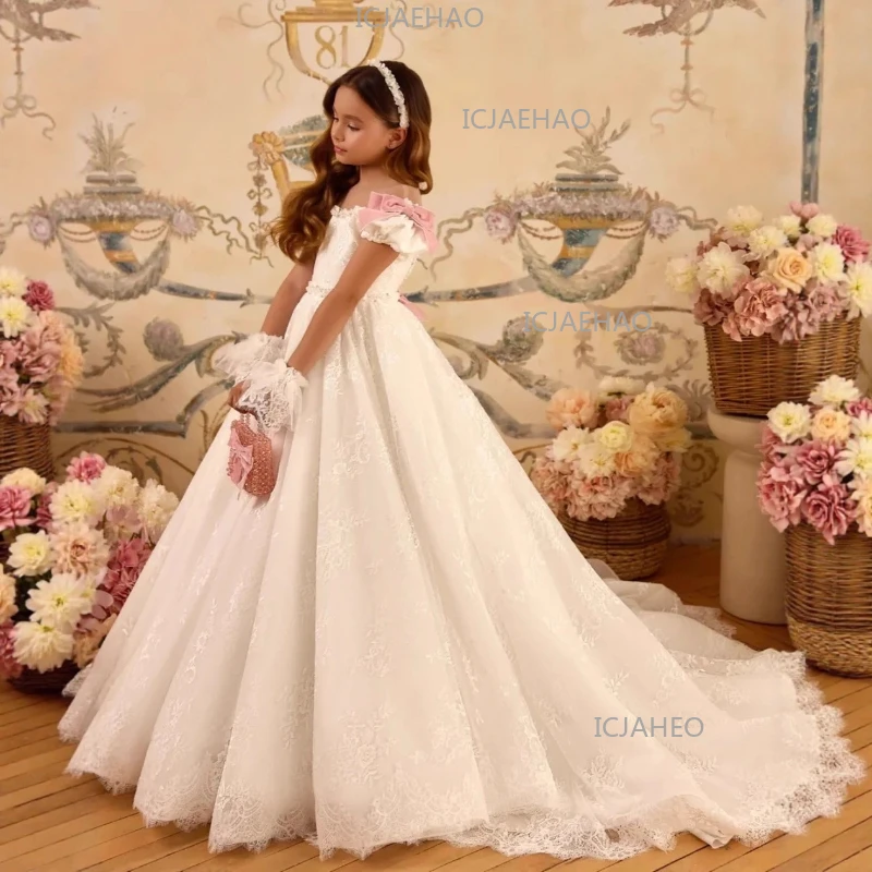 Kids Girls White Formal Dress Clothes Flower Girl Red Bow Lace Birthday Performance Runway Tutu Pageant Gown Children Costume