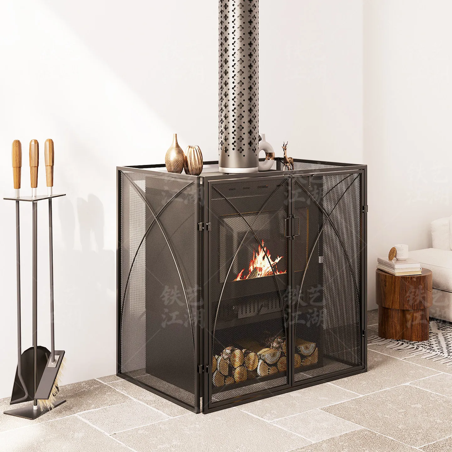 Wrought iron anti-scalding fireplace fence Household metal protective net Child safety anti-touch living room real fire