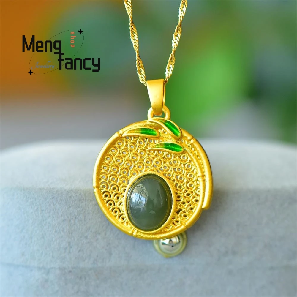 Copper inlaid natural wada jade blessed bamboo leaves round plaque With Enamel Colour Pendant Personalized Retro Fashion Jewelry