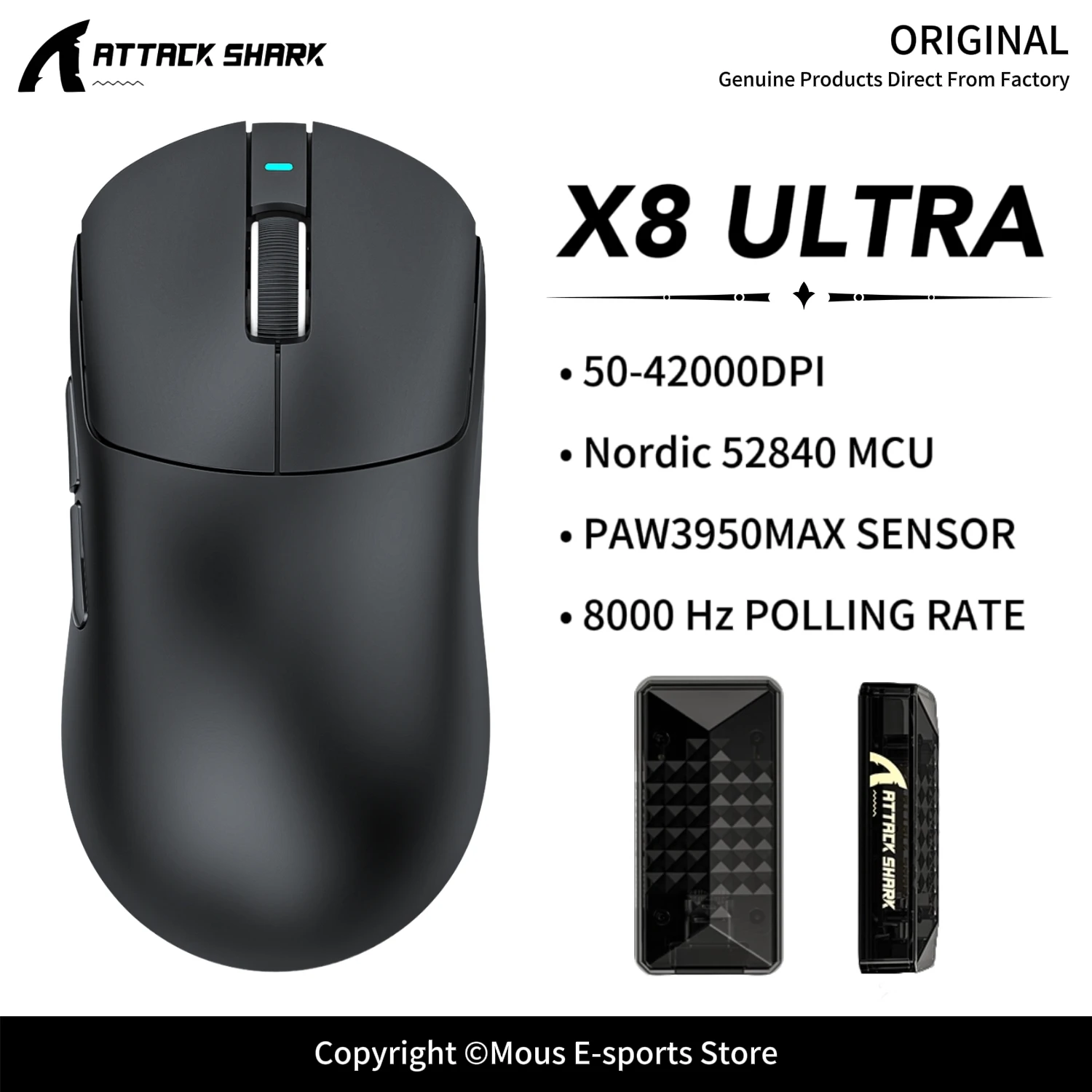 X8 ULTRA ATTACK SHARK Bluetooth Gaming Mouse PAW3950MAX Sensor 42000DPI Nordic 52840 MCU and 8K Receiver for Wireless Mouse