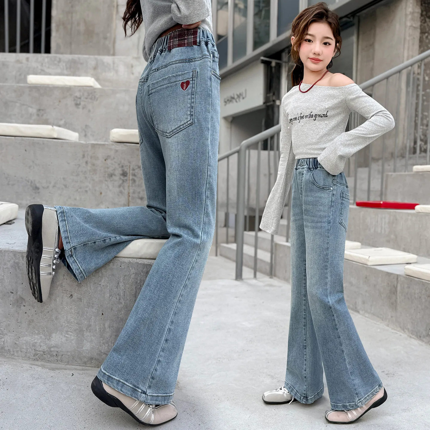 

Fashion Jeans for Girls with Heart pocket New ltem Kids Vintage Tight Denim Flare Pants Spring Autumn Teenage Slim Trousers 4-14