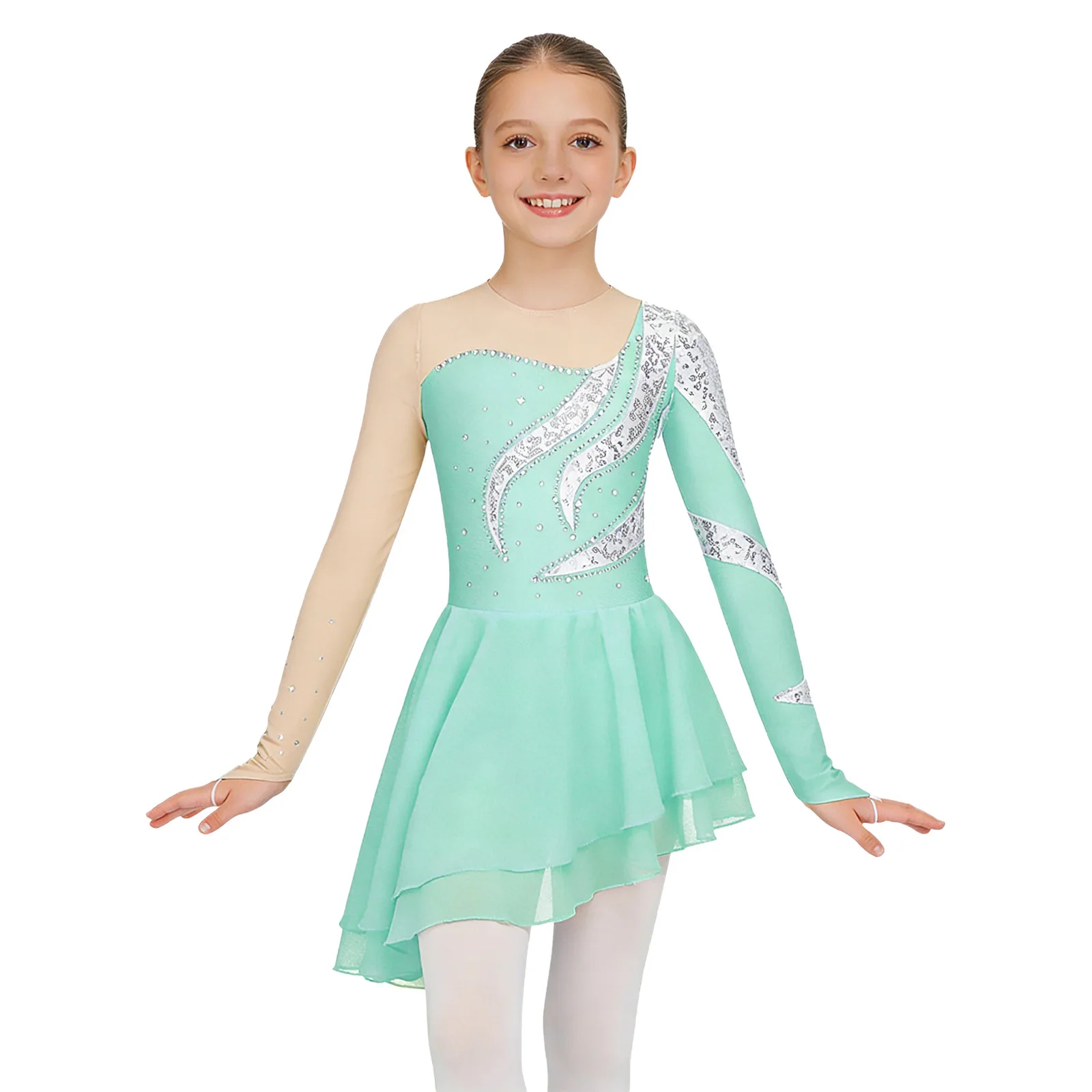 Kids Girls Ballet Dance Artistic Figure Skating Dress Long Sleeve Shiny Sequins Gymnastics Jersey Leotard Performance Costume