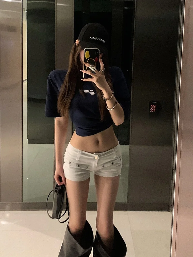 

Low Waist A-Line Shorts Women's Summer Y2K White Denim Shorts Sweet Spicy Hot Pants American Millennium Hot Girl Style