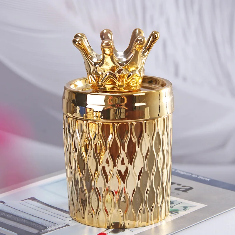 Golden Crown Ceramic Storage Jar with Lid, Animal Decoration Storage Bottle, Candle Jar, Jewelry Display Box, Home Furnishings