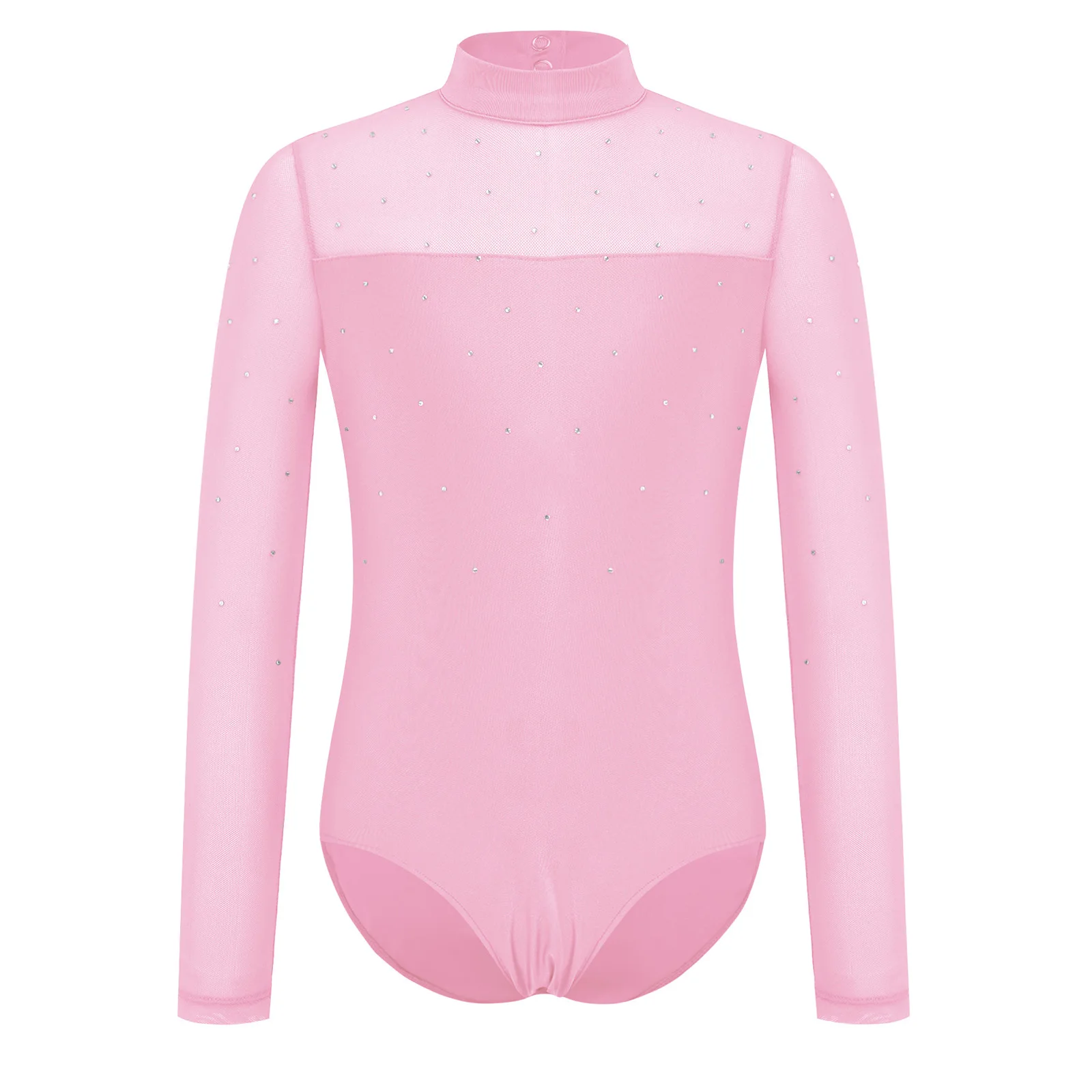 

Kids Girls Ballet Leotard Rhinestone Gymnastics Bodysuit Mesh Patchwork Long Sleeve Unitard for School Spring Dance Performance