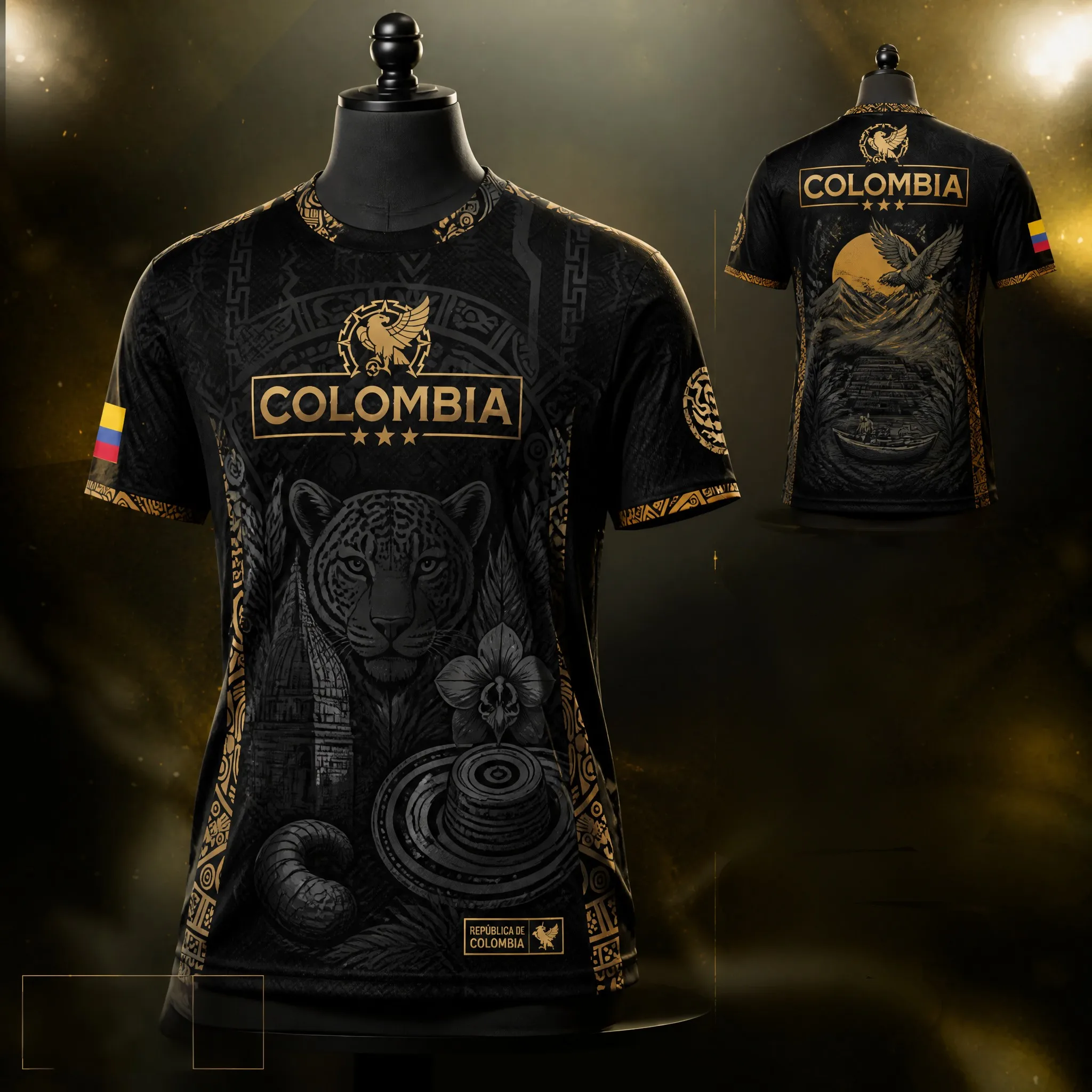 Mens Colombia Crew Neck T Shirt Black Gold Eagle Pyramid Palm Graphic Short Sleeve Stadium Casual Top Wear Summer Travel Fashion