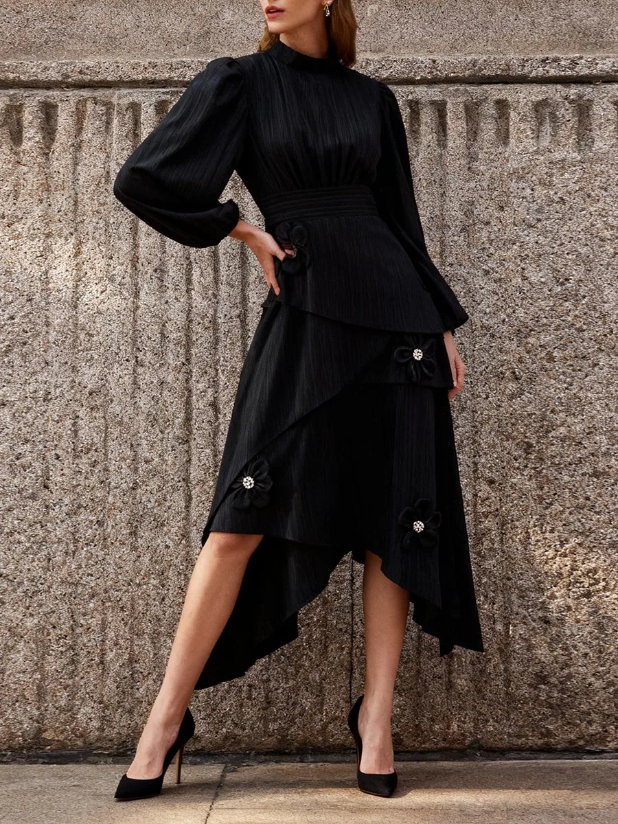 TWOTWINSTYLE فستان أسود ريترو كلاسيكي للنساء الوقوف طوق كم طويل تقسم يزين أنيقة غير النظامية فساتين متوسطة الطول الإناث