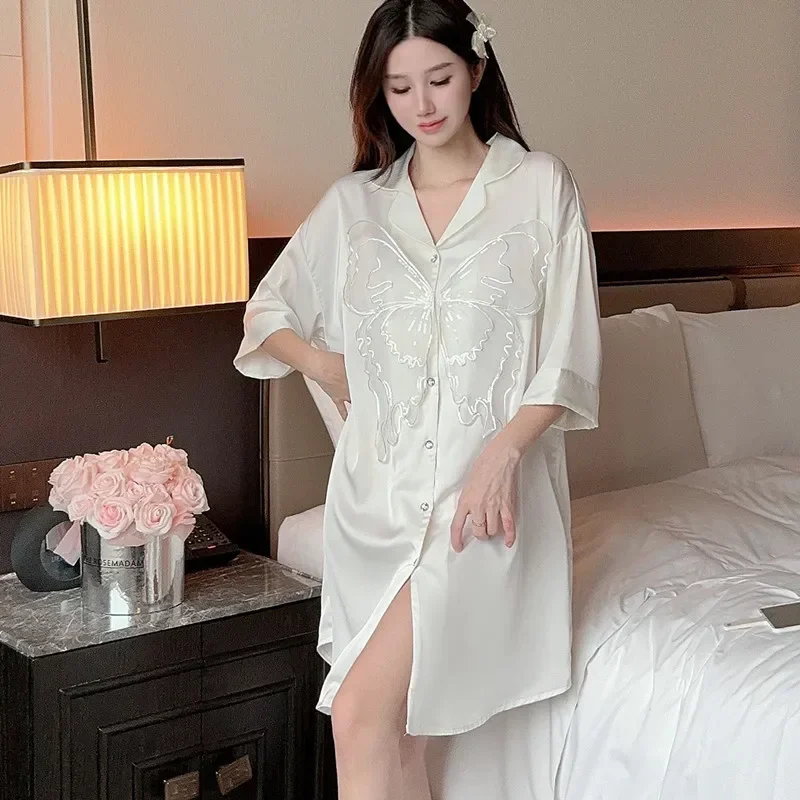 White Nightgown Summer Female Robe Sleepwear Gown with butterfly Nightwear Loose Casual Home Dress Loungewear