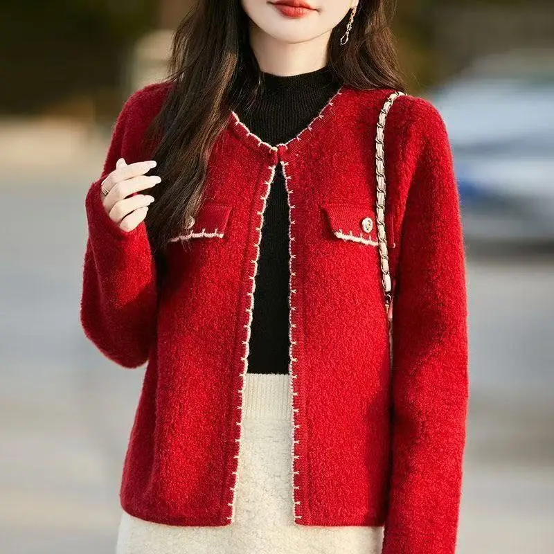 

Новый вязаный кардиган с круглым вырезом, однотонный, в западном стиле, куртка, женская базовая кофта-топ 2026