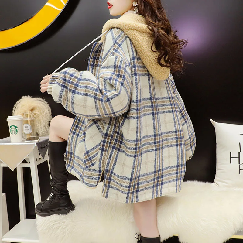 2025 otoño de talla grande de terciopelo de cordero acolchado Casual a cuadros con capucha abrigo de mujer perezoso viento suelto invierno nuevo diseño chaqueta marea prendas de vestir exteriores