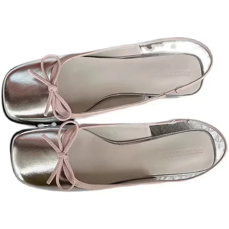 Nowa moda damska Flats Sliver Boat Shoes Square Toe Slip on Flat Shoes for Woman Ballet Flats Comfortable Bow Sandały damskie