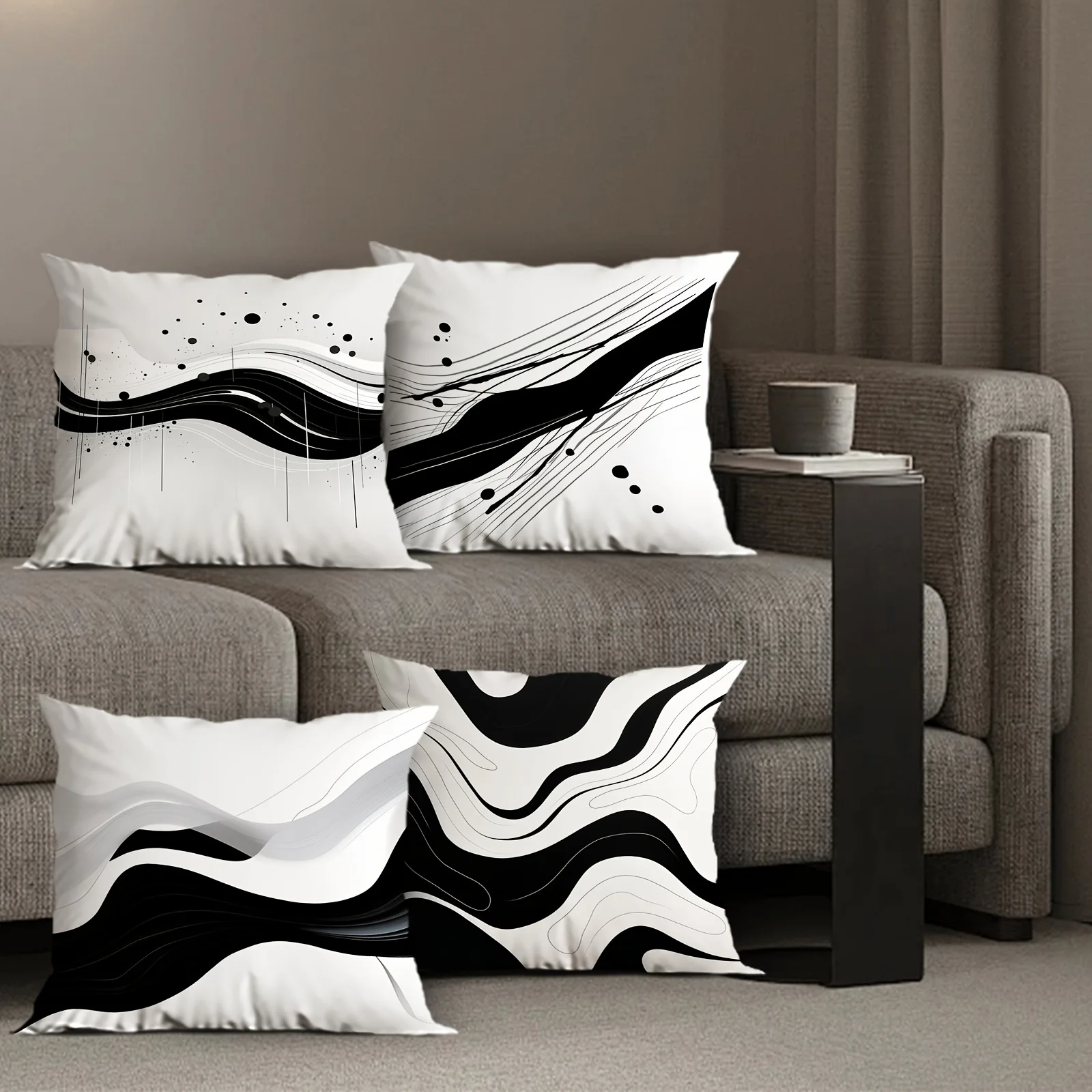 Contemporary Abstract Black White Wave Pattern Throw Pillow Covers Set of 4 Minimalist Modern Geometric Accent Cushions Home