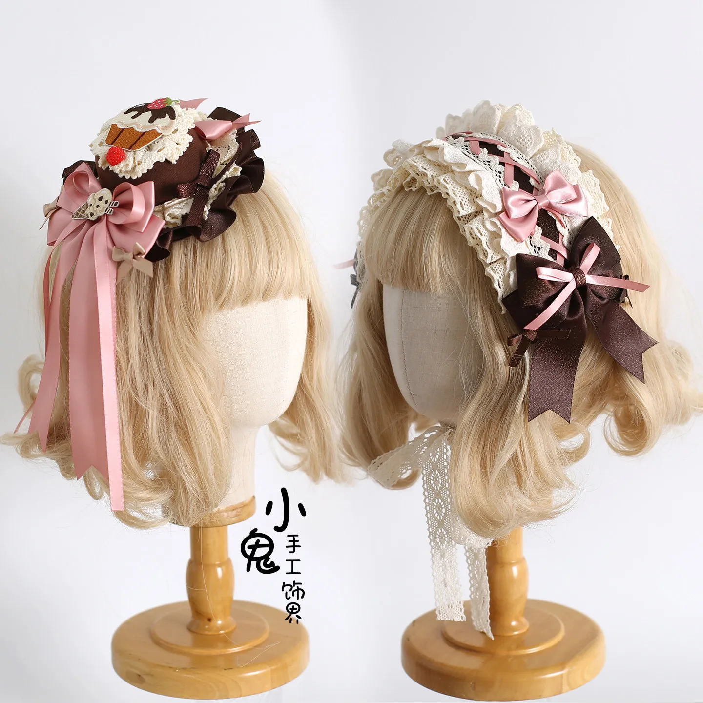 Chocolate Cat Sweet Lolita Headband Hair Clips for Women Original Handmade Lolita Small Cake Top Hat