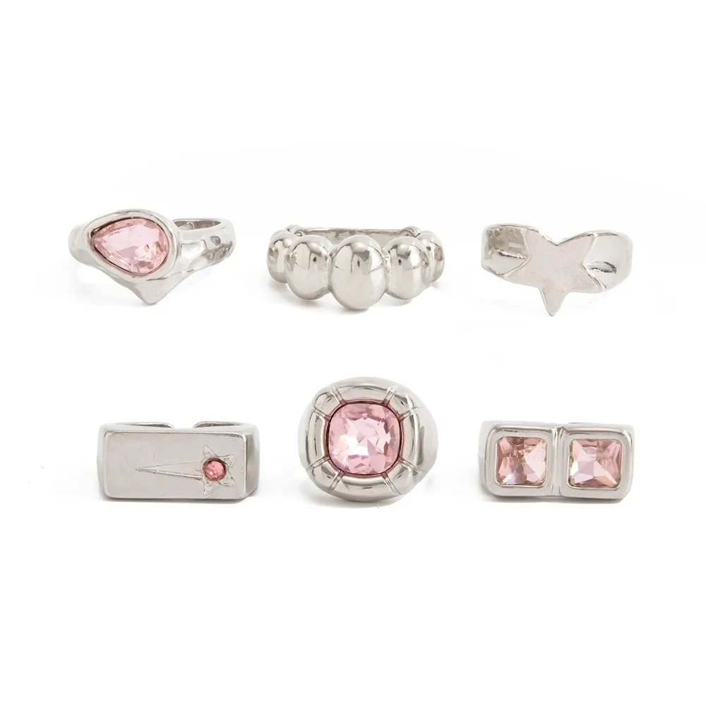 6Pcs/set Pink Rhinestone Stackable Rings Silver Tone Metal Crystal Inlaid Wide Band Rings Gem Inlay Stackable Design