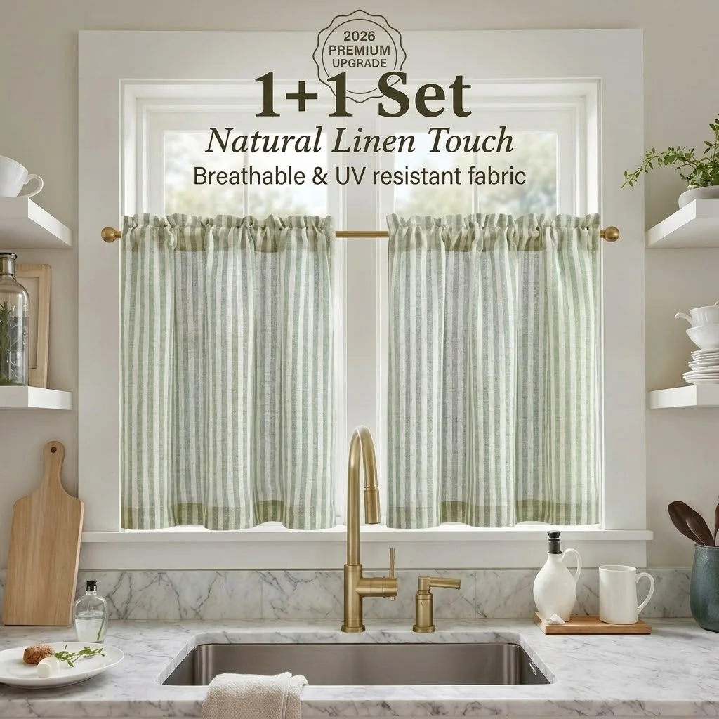 Natural Linen Look Striped Kitchen Tier Curtains Modern Nordic Printed Cafe Curtains for Small Windows Soft Light Filtering 2 PC