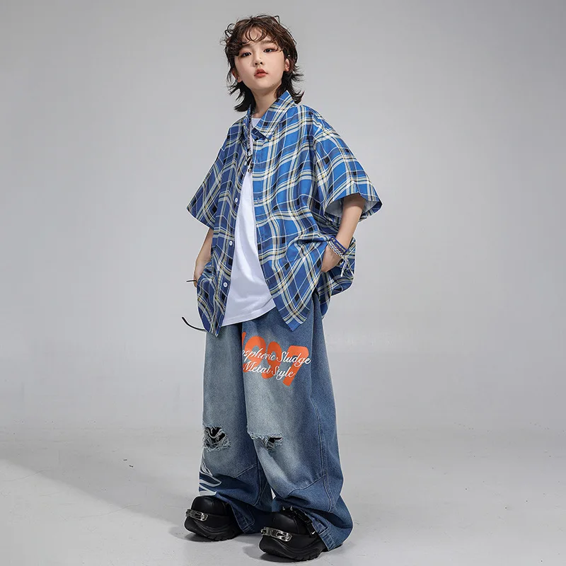 Meninos trajes de dança hip hop azul xadrez camisa calças jeans moderno jazz kpop palco desempenho conjuntos roupas adolescente street wear