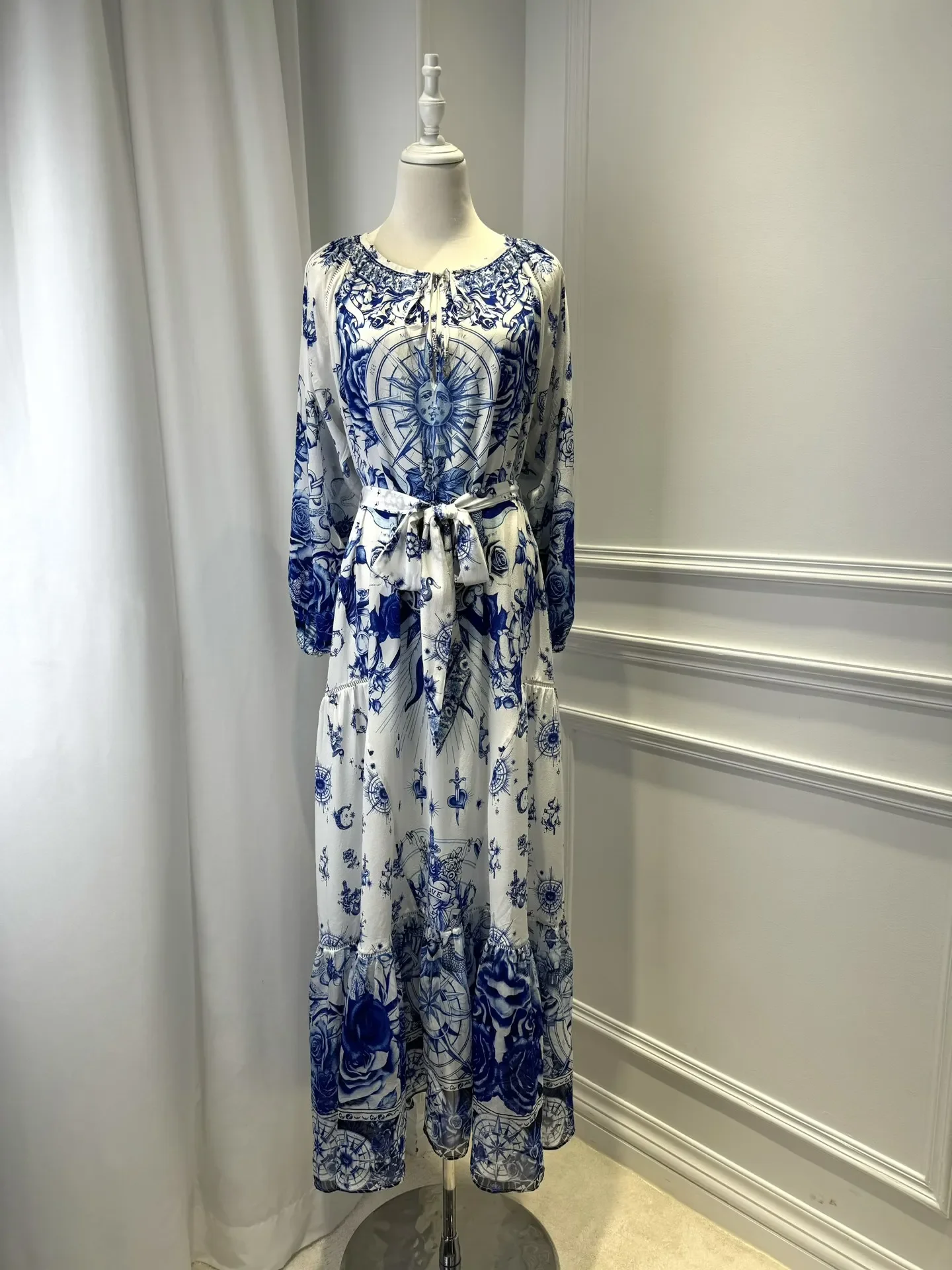 

Lace Up Waist Women's Silk Long Dress Heavy Beaded V-Neck Long Sleeve Fashion Ladies Robe