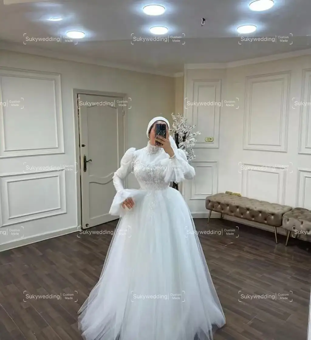 Vestidos de novia musulmanes brillantes, tul, cuello alto, cuentas, mangas largas, Apliques de encaje, cuentas, lentejuelas, vestidos de novia personalizados