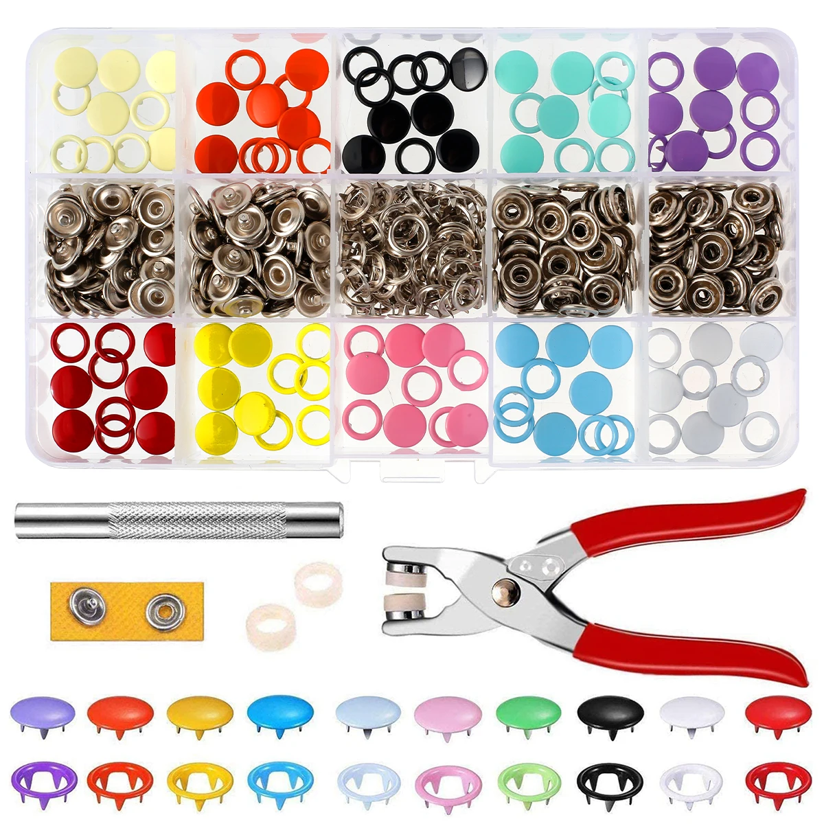 

100 Sets Prong Rings 9.5mm Buckle Buttons Metal Colour Pliers Snap Button Claw DIY Set Hand Pressure Plier Rivet Buckle Sew Tool