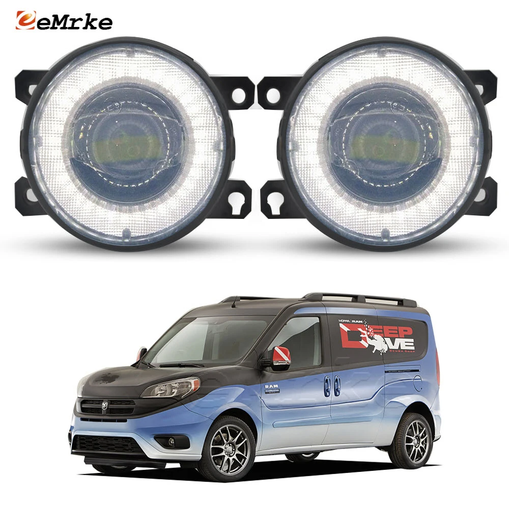 Left + Right LED Car Fog Lights with Glass Lens for Ram ProMaster City 636 2015 2016 2017 2018 2019 2020 2021 Angel Eyes DRL PTF