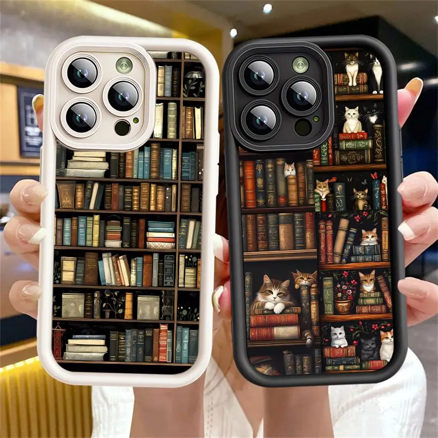 Vintage Bücherregal Kätzchen Handyhülle für iPhone 16 15 Pro Max 13 12 11 14 Pro Max 16 Plus 12 Pro 16e Soft Cover