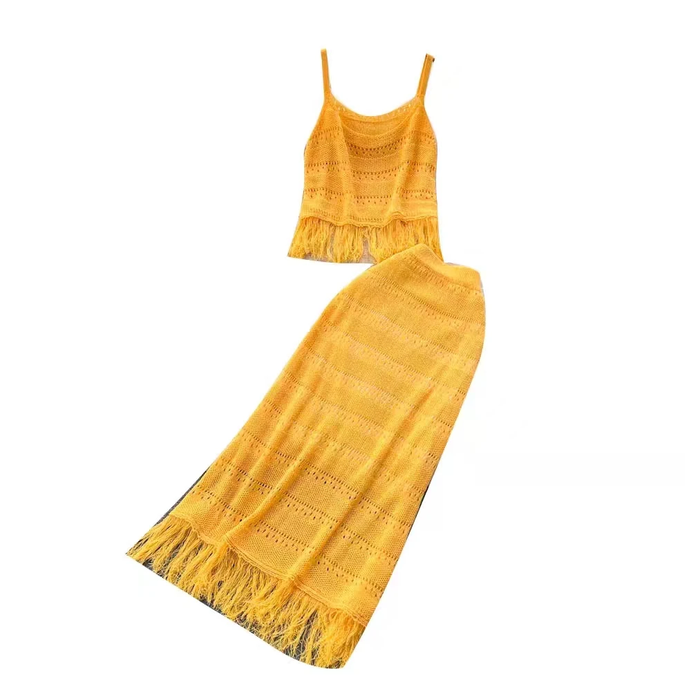 

2023 New Summer Beach Vacation Women Hollow Out Knitted Skirt Suits Fashion Tassel Camisole Top And Long Skirt Two Piece Set