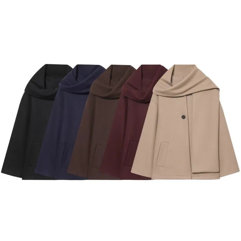 

Spring Autumn Women Short Jackets with Scarf O Neck Simple Lady Button Long Sleeve Pocket Warm Coat Chic Female Tops