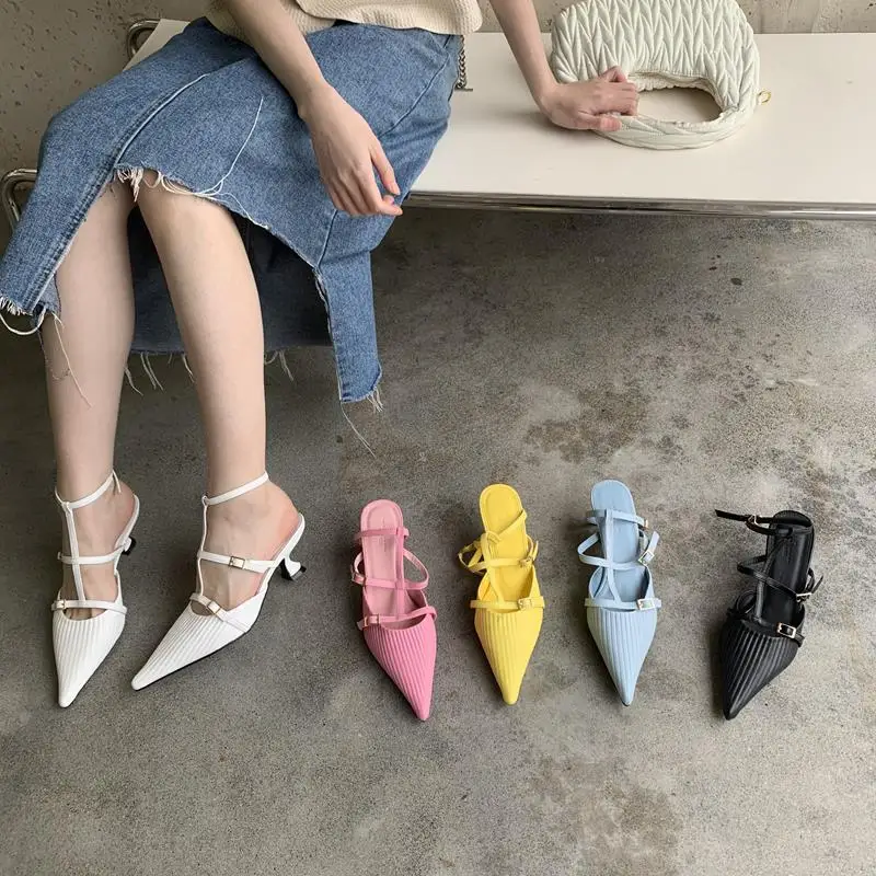 Low Sandals Woman Leather 2024 Summer Clear Heels Female Shoe Low-heeled Girls Beige Comfort Pointed Fashion Closed Spring High