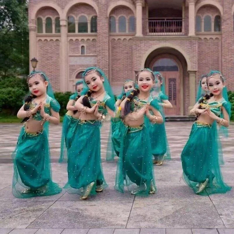 

Princ Jasmine Dance Performance Costume Children's Day Special Indian Ethnic Girl Outfit Ensemble Stage Wear Traditional F...
