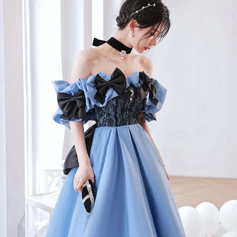 It\'s Yiiya Customized Blue Satin Evening Dress Short Sleeves Floor Length Lace Up Pleat A-line Plus size Woman Formal Party Gown