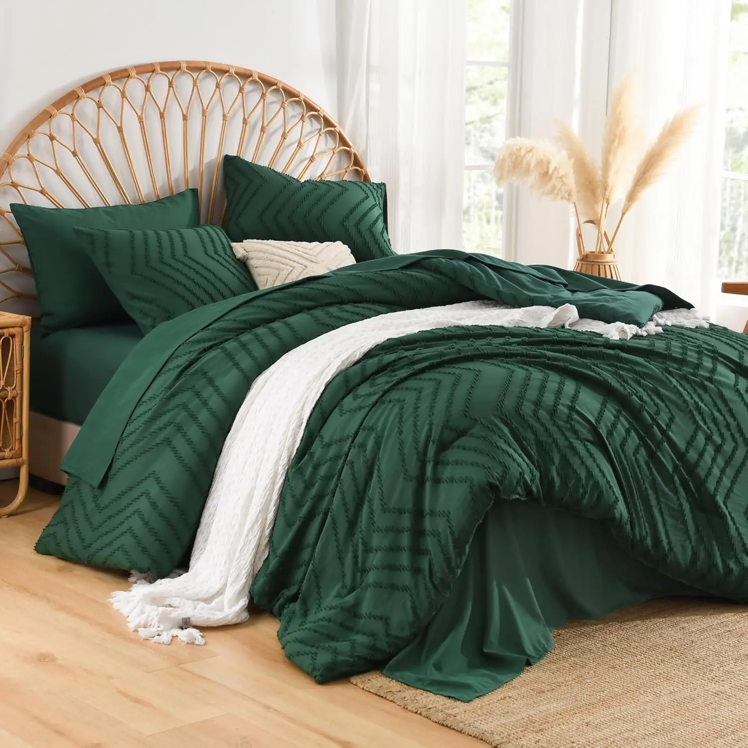 Emerald Dark Green Comforter Set King,Boho Chevron Tufted Bed in a Bag King7 Pieces,All Season Solid Bedding Set with Comforters