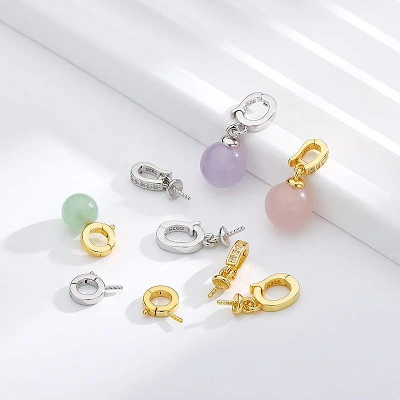 S925 Sterling Silver Multi-Function Clasp with Micro-Prong CZ & Pearl Setting for Jade Amber DIY Bracelet